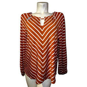 CHICO'S Top Size 1 (M) Orange White Chevron Striped Peek-A-Boo Peasant LS Shirt